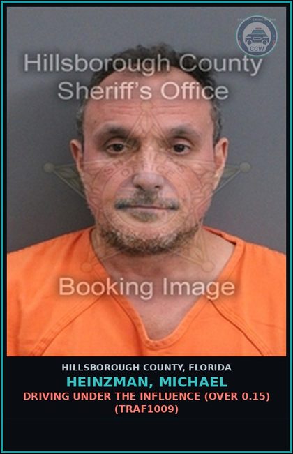 CCW arrest card for HEINZMAN, MICHAEL in Hillsborough County: DRIVING UNDER THE INFLUENCE (OVER 0.15) (TRAF1009)