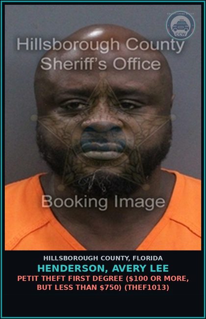 CCW arrest card for HENDERSON, AVERY LEE in Hillsborough County: DRIVING WITH LICENSE CANCELED, SUSPENDED, OR REVOKED (3RD OFFENSE) (TRAF6077)