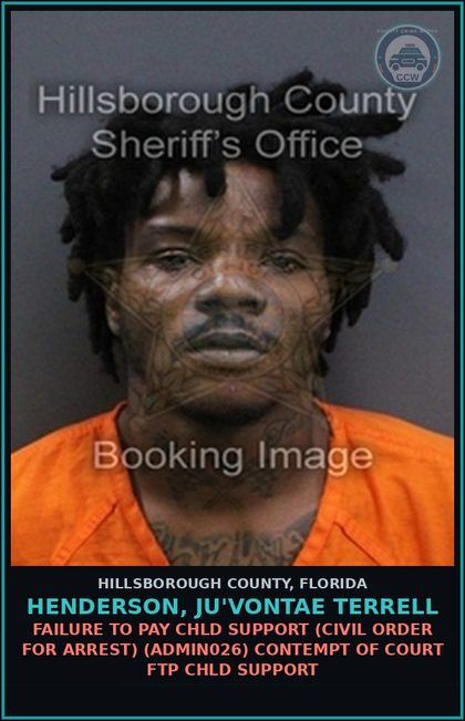 CCW arrest card for HENDERSON, JU'VONTAE TERRELL in Hillsborough County: FAILURE TO PAY chld SUPPORT (CIVIL ORDER FOR ARREST) (ADMIN026) CONTEMPT OF COURT FTP chld SUPPORT