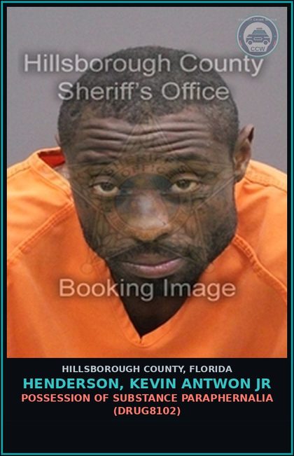 CCW arrest card for HENDERSON, KEVIN ANTWON JR in Hillsborough County: POSSESSION OF DRUG PARAPHERNALIA (DRUG8102)