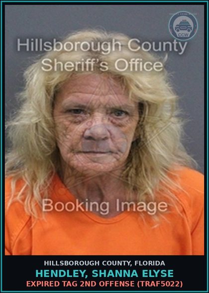 CCW arrest card for HENDLEY, SHANNA ELYSE in Hillsborough County: EXPIRED TAG 2ND OFFENSE (TRAF5022)