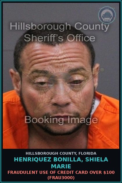 CCW arrest card for HENRIQUEZ BONILLA, SHIELA MARIE in Hillsborough County: FRAUDULENT USE OF CREDIT CARD OVER $100 (FRAU3000)