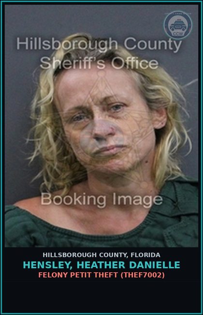 CCW arrest card for HENSLEY, HEATHER DANIELLE in Hillsborough County: FELONY PETIT THEFT (THEF7002)