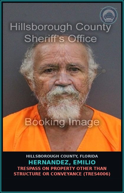 CCW arrest card for HERNANDEZ, EMILIO in Hillsborough County: TRESPASS ON PROPERTY OTHER THAN STRUCTURE OR CONVEYANCE (TRES4006)