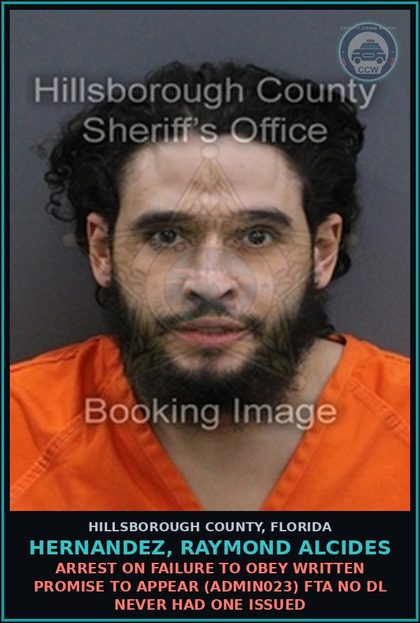 CCW arrest card for HERNANDEZ, RAYMOND ALCIDES in Hillsborough County: ARREST ON FAILURE TO OBEY WRITTEN PROMISE TO APPEAR (ADMIN023) FTA NO DL NEVER HAD ONE ISSUED