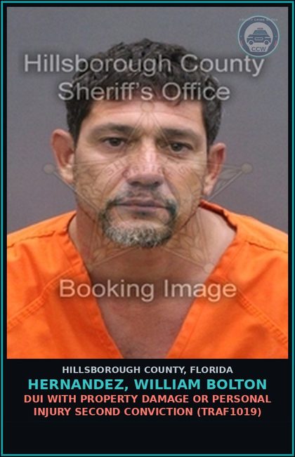 CCW arrest card for HERNANDEZ, WILLIAM BOLTON in Hillsborough County: DUI WITH PROPERTY DAMAGE OR PERSONAL INJURY SECOND CONVICTION (TRAF1019)