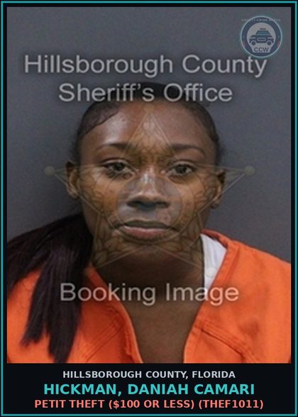 CCW arrest card for HICKMAN, DANIAH CAMARI in Hillsborough County: PETIT THEFT ($100 OR LESS) (THEF1011)