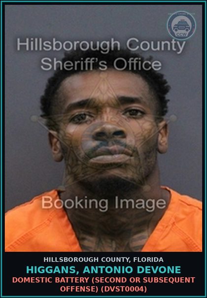 CCW arrest card for HIGGANS, ANTONIO DEVONE in Hillsborough County: DOMESTIC BATTERY (SECOND OR SUBSEQUENT OFFENSE) (DVST0004)