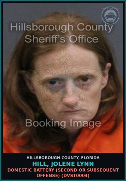 CCW arrest card for HILL, JOLENE LYNN in Hillsborough County: DOMESTIC BATTERY (SECOND OR SUBSEQUENT OFFENSE) (DVST0004)