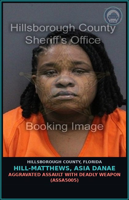 CCW arrest card for HILL-MATTHEWS, ASIA DANAE in Hillsborough County: AGGRAVATED ASSAULT WITH DEADLY WEAPON (ASSA5005)