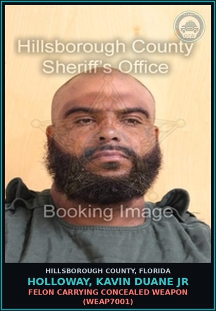 CCW arrest card for HOLLOWAY, KAVIN DUANE JR in Hillsborough County: FELON CARRYING CONCEALED WEAPON (WEAP7001)