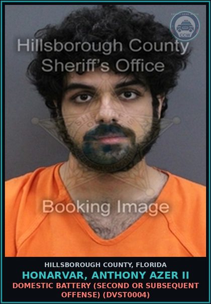 CCW arrest card for HONARVAR, ANTHONY AZER II in Hillsborough County: TAMPERING WITH PHYSICAL EVIDENCE (TAMP4005)
