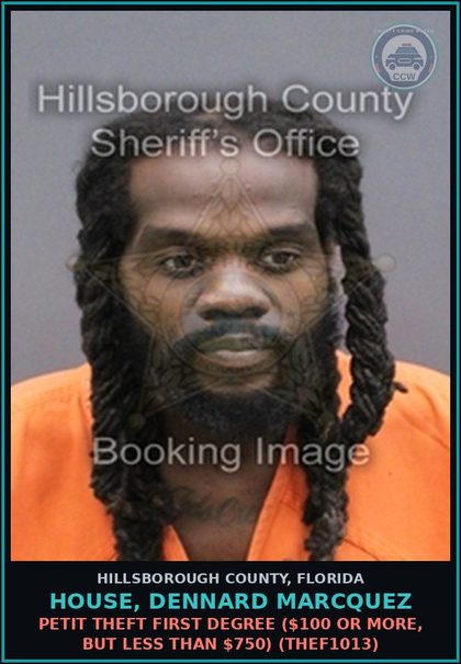 CCW arrest card for HOUSE, DENNARD MARCQUEZ in Hillsborough County: PETIT THEFT FIRST DEGREE ($100 OR MORE, BUT LESS THAN $750) (THEF1013)