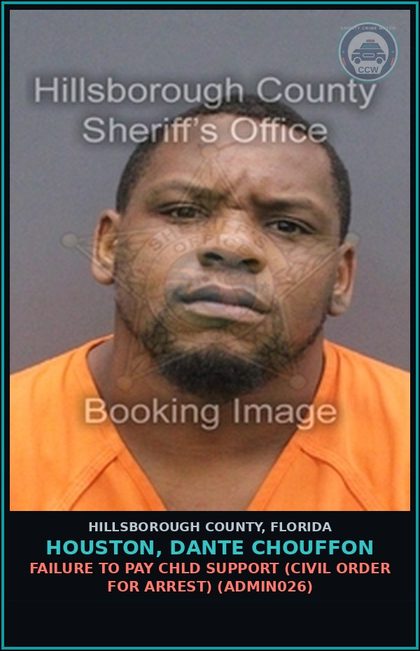 CCW arrest card for HOUSTON, DANTE CHOUFFON in Hillsborough County: FAILURE TO PAY chld SUPPORT (CIVIL ORDER FOR ARREST) (ADMIN026)