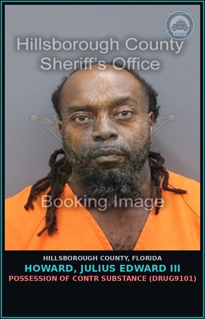 CCW arrest card for HOWARD, JULIUS EDWARD III in Hillsborough County: POSSESSION OF contr substance (DRUG9101)