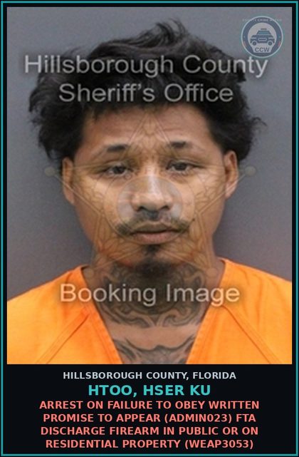CCW arrest card for HTOO, HSER KU in Hillsborough County: ARREST ON FAILURE TO OBEY WRITTEN PROMISE TO APPEAR (ADMIN023) FTA DISCHARGE FIREARM IN PUBLIC OR ON RESIDENTIAL PROPERTY (WEAP3053)