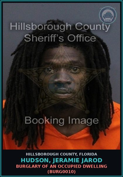 CCW arrest card for HUDSON, JERAMIE JAROD in Hillsborough County: RESISTING OFFICER WITHOUT VIOLENCE (COPS1001)