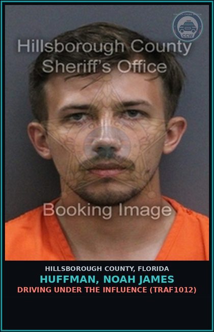 CCW arrest card for HUFFMAN, NOAH JAMES in Hillsborough County: DRIVING UNDER THE INFLUENCE (TRAF1012)