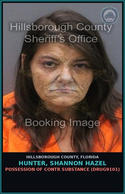 CCW arrest card for HUNTER, SHANNON HAZEL in Hillsborough County: POSSESSION OF contr substance (DRUG9101)