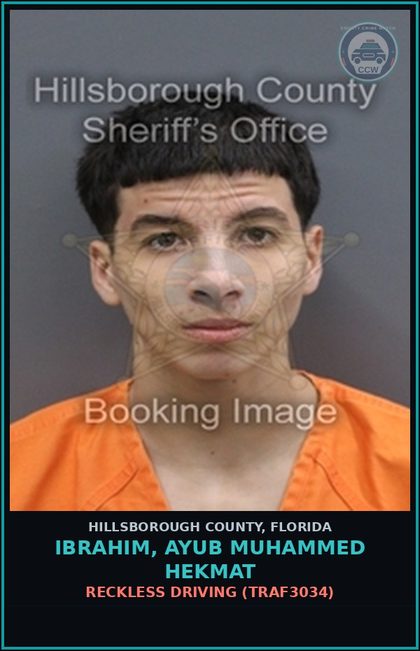 CCW arrest card for IBRAHIM, AYUB MUHAMMED HEKMAT in Hillsborough County: RECKLESS DRIVING (TRAF3034)