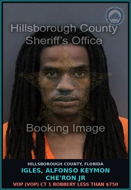 CCW arrest card for IGLES, ALFONSO KEYMON CHE'RON JR in Hillsborough County: VOP (VOP) CT 1 ROBBERY LESS THAN $750