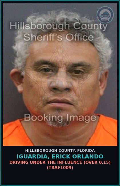 CCW arrest card for IGUARDIA, ERICK ORLANDO in Hillsborough County: DRIVING UNDER THE INFLUENCE (OVER 0.15) (TRAF1009)