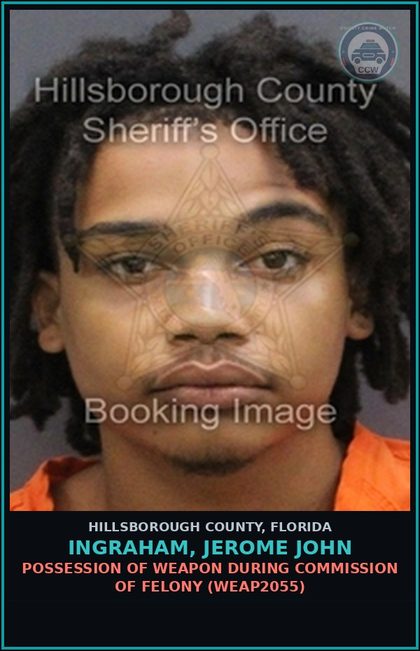CCW arrest card for INGRAHAM, JEROME JOHN in Hillsborough County: POSSESSION OF WEAPON DURING COMMISSION OF FELONY (WEAP2055)