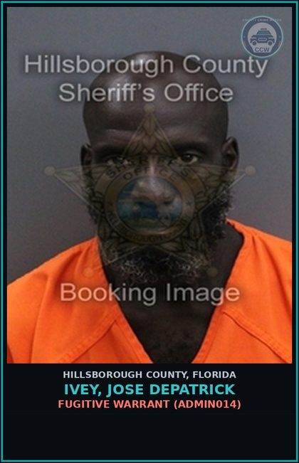 CCW arrest card for IVEY, JOSE DEPATRICK in Hillsborough County: FUGITIVE WARRANT (ADMIN014)
