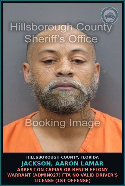 CCW arrest card for JACKSON, AARON LAMAR in Hillsborough County: ARREST ON CAPIAS OR BENCH FELONY WARRANT (ADMIN027) FTA NO VALID DRIVER'S LICENSE (1ST OFFENSE)