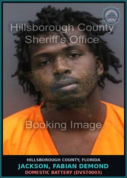 CCW arrest card for JACKSON, FABIAN DEMOND in Hillsborough County: DOMESTIC BATTERY (DVST0003)