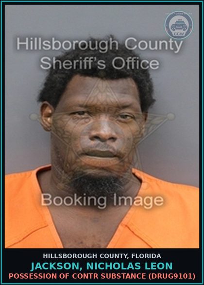 CCW arrest card for JACKSON, NICHOLAS LEON in Hillsborough County: POSSESSION OF contr substance (DRUG9101)