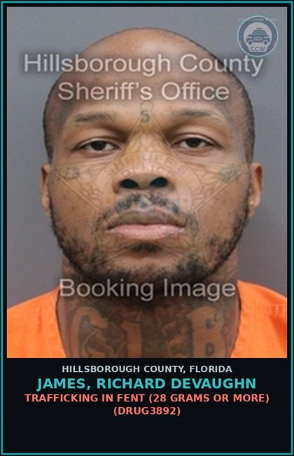 CCW arrest card for JAMES, RICHARD DEVAUGHN in Hillsborough County: TRAFFICKING IN Fent (28 GRAMS OR MORE) (DRUG3892)