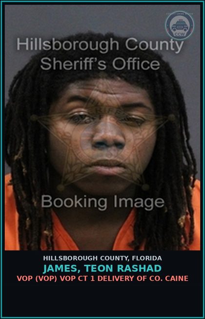 CCW arrest card for JAMES, TEON RASHAD in Hillsborough County: VOP (VOP) VOP CT 1 DELIVERY OF COCAINE