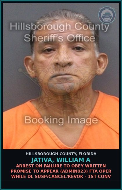 CCW arrest card for JATIVA, WILLIAM A in Hillsborough County: ARREST ON FAILURE TO OBEY WRITTEN PROMISE TO APPEAR (ADMIN023) FTA OPER WHILE DL SUSP/CANCEL/REVOK - 1ST CONV