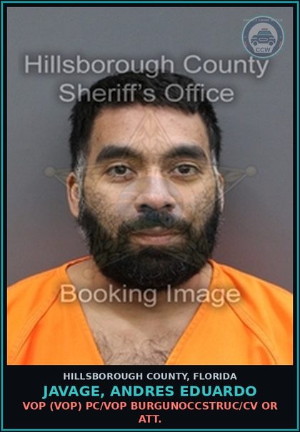 CCW arrest card for JAVAGE, ANDRES EDUARDO in Hillsborough County: VOP (VOP) PC/VOP BURGUNOCCSTRUC/CV OR ATT.