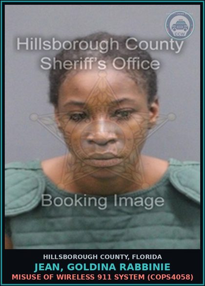 CCW arrest card for JEAN, GOLDINA RABBINIE in Hillsborough County: MISUSE OF WIRELESS 911 SYSTEM (COPS4058)