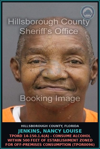 CCW arrest card for JENKINS, NANCY LOUISE in Hillsborough County: TPORD 14-150.1.6(A) - CONSUME ALCOHOL WITHIN 500 FEET OF ESTABLISHMENT ZONED FOR OFF-PREMISES CONSUMPTION (TPOR0096)