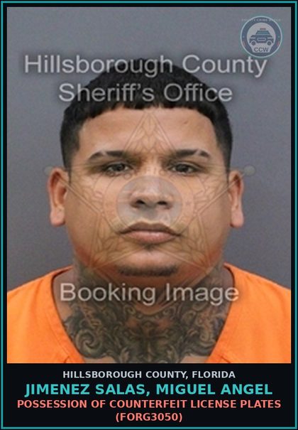 CCW arrest card for JIMENEZ SALAS, MIGUEL ANGEL in Hillsborough County: OPERATING UNREGISTERED VEHICLE (TRAF5015)