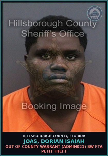 CCW arrest card for JOAS, DORIAN ISAIAH in Hillsborough County: OUT OF COUNTY WARRANT (ADMIN021) BW FTA PETIT THEFT