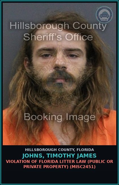 CCW arrest card for JOHNS, TIMOTHY JAMES in Hillsborough County: VIOLATION OF FLORIDA LITTER LAW (PUBLIC OR PRIVATE PROPERTY) (MISC2451)