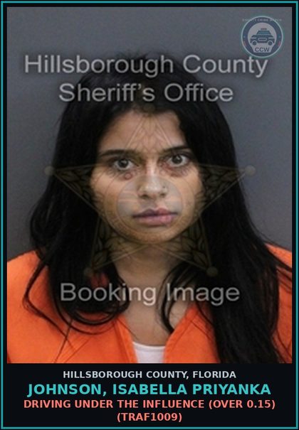 CCW arrest card for JOHNSON, ISABELLA PRIYANKA in Hillsborough County: DRIVING UNDER THE INFLUENCE (OVER 0.15) (TRAF1009)