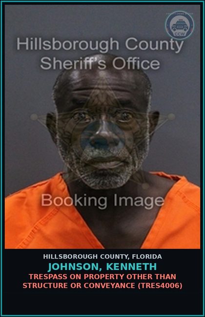 CCW arrest card for JOHNSON, KENNETH in Hillsborough County: TRESPASS ON PROPERTY OTHER THAN STRUCTURE OR CONVEYANCE (TRES4006)