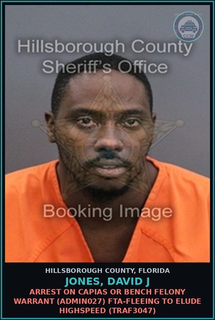 CCW arrest card for JONES, DAVID J in Hillsborough County: ARREST ON CAPIAS OR BENCH FELONY WARRANT (ADMIN027) FTA-FLEEING TO ELUDE HIGHSPEED (TRAF3047)