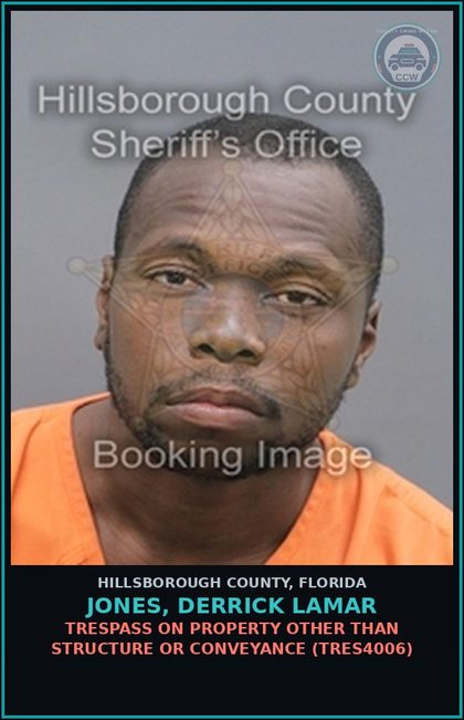CCW arrest card for JONES, DERRICK LAMAR in Hillsborough County: TRESPASS ON PROPERTY OTHER THAN STRUCTURE OR CONVEYANCE (TRES4006)