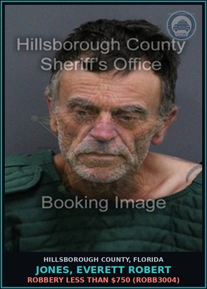 CCW arrest card for JONES, EVERETT ROBERT in Hillsborough County: ARREST ON CAPIAS OR BENCH FELONY WARRANT (ADMIN027) FTA FAILURE OF CAREER OFFENDER TO REGISTER OR PROVIDE INFO (FREG2001