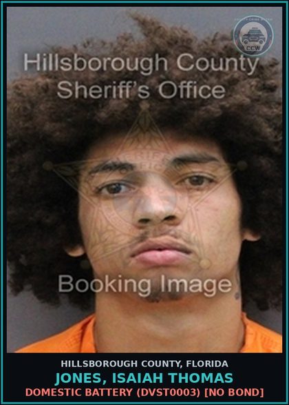 CCW arrest card for JONES, ISAIAH THOMAS in Hillsborough County: DOMESTIC BATTERY (DVST0003) [NO BOND]