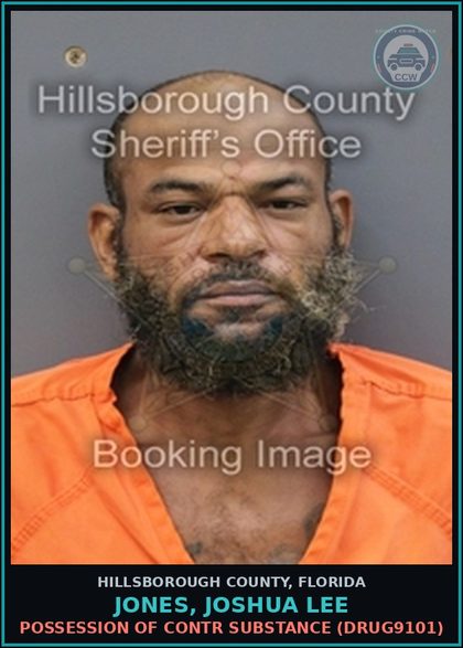 CCW arrest card for JONES, JOSHUA LEE in Hillsborough County: POSSESSION OF contr substance (DRUG9101)