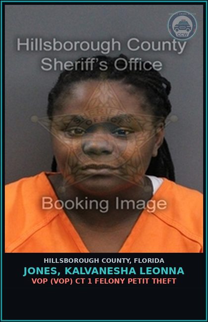 CCW arrest card for JONES, KALVANESHA LEONNA in Hillsborough County: VOP (VOP) CT 1 FELONY PETIT THEFT