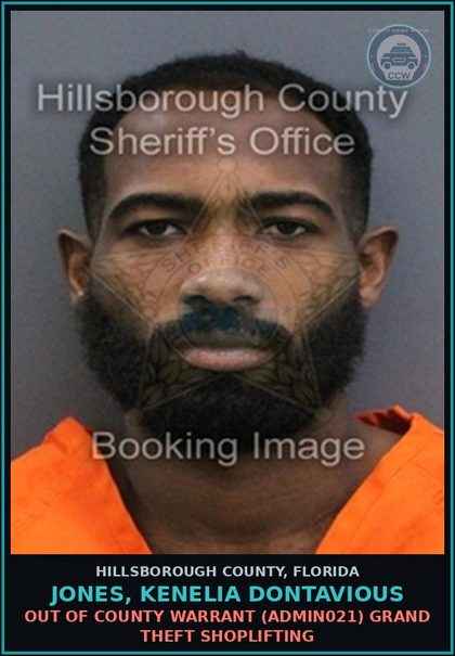 CCW arrest card for JONES, KENELIA DONTAVIOUS in Hillsborough County: OUT OF COUNTY WARRANT (ADMIN021) GRAND THEFT SHOPLIFTING
