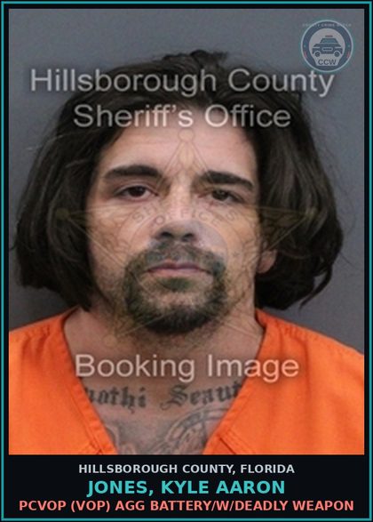 CCW arrest card for JONES, KYLE AARON in Hillsborough County: PCVOP (VOP) AGG BATTERY/W/DEADLY WEAPON